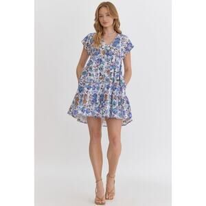 Entro Blue Floral Mini Dress V-Neck Cotton Dress Pockets - Sz S - NWT